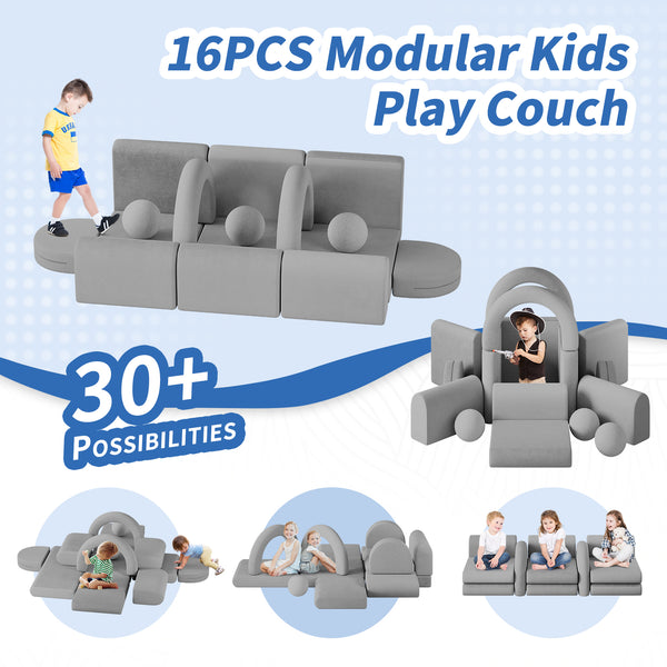 Modular Kids Play Couch, 16PCS Kids Couch with Balls and Tunnel, Kids Couch for Playroom and Bedroom, Kids Modular Couch for Playing, Creativing, Modular Couch Kids