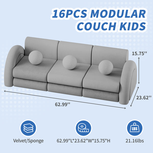 Modular Kids Play Couch, 16PCS Kids Couch with Balls and Tunnel, Kids Couch for Playroom and Bedroom, Kids Modular Couch for Playing, Creativing, Modular Couch Kids