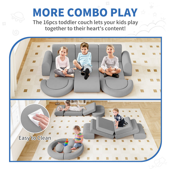 Modular Kids Play Couch, 16PCS Kids Couch with Balls and Tunnel, Kids Couch for Playroom and Bedroom, Kids Modular Couch for Playing, Creativing, Modular Couch Kids
