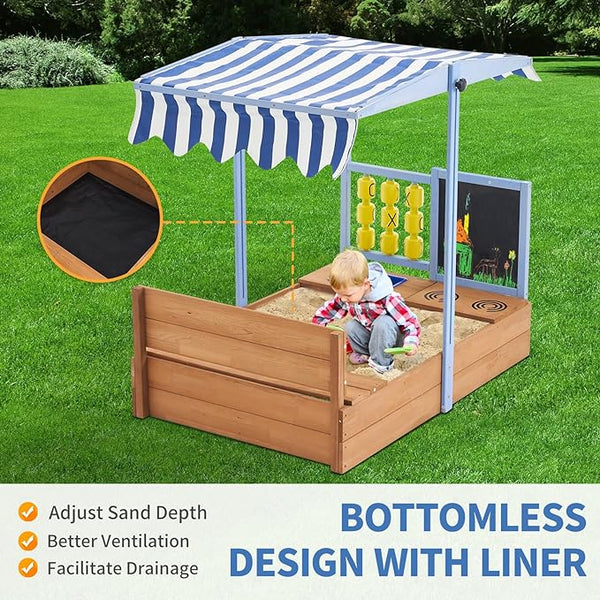 Sandbox with Canopy, 47.2'' Kids Large Wooden Sand Box with Tic-Tac-Toe, Liner, Drawing Board, Sink, Adjustable Roof, Sand Boxes for Backyard Garden, Sand Pit for Beach Patio Outdoor