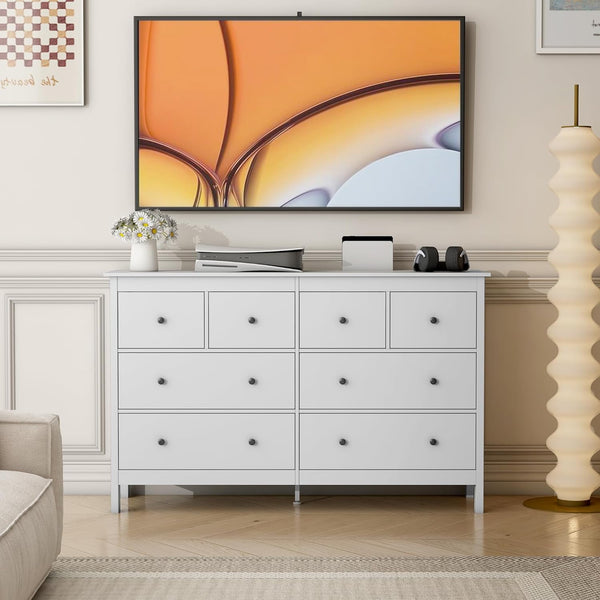 8 Drawer Dresser, 50" Modern White Dressers & Chests of Drawers, Adult 8 Drawers Wide Wood Dresser for Bedroom, Living Room