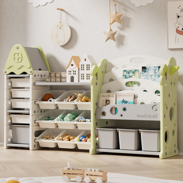 Kids Toy Storage Organizer with 17 Removable Bins, 4-Tier Bookshelf for Kids, Multi-Purpose Castle-Shaped Toy Organizer for Playroom, Bedroom, Nursery, Living Room