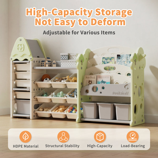 Kids Toy Storage Organizer with 17 Removable Bins, 4-Tier Bookshelf for Kids, Multi-Purpose Castle-Shaped Toy Organizer for Playroom, Bedroom, Nursery