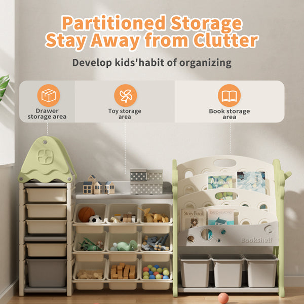 Kids Toy Storage Organizer with 17 Removable Bins, 4-Tier Bookshelf for Kids, Multi-Purpose Castle-Shaped Toy Organizer for Playroom, Bedroom, Nursery