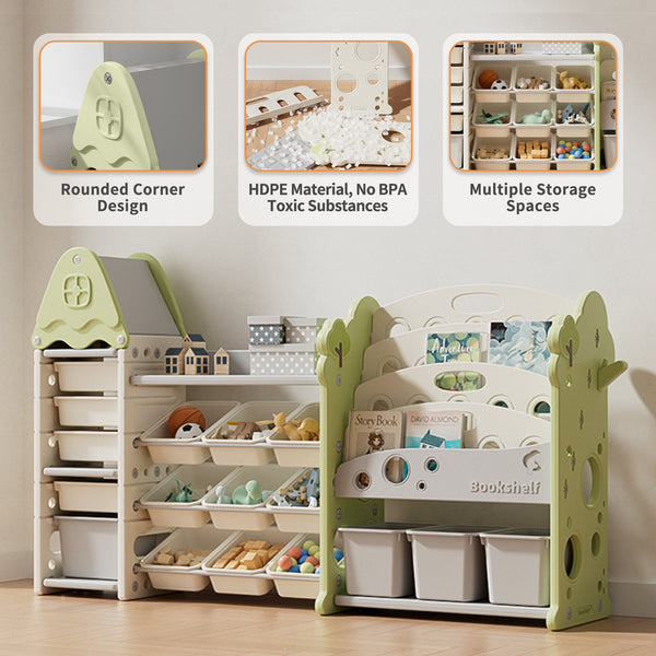 Kids Toy Storage Organizer with 17 Removable Bins, 4-Tier Bookshelf for Kids, Multi-Purpose Castle-Shaped Toy Organizer for Playroom, Bedroom, Nursery