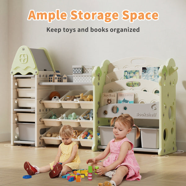Kids Toy Storage Organizer with 17 Removable Bins, 4-Tier Bookshelf for Kids, Multi-Purpose Castle-Shaped Toy Organizer for Playroom, Bedroom, Nursery