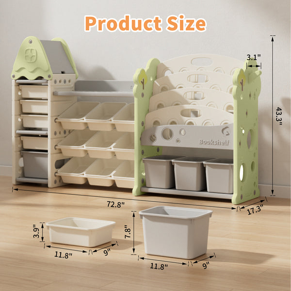 Kids Toy Storage Organizer with 17 Removable Bins, 4-Tier Bookshelf for Kids, Multi-Purpose Castle-Shaped Toy Organizer for Playroom, Bedroom, Nursery