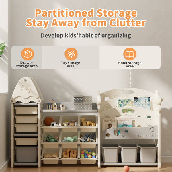 Kids Toy Storage Organizer with 17 Removable Bins, 4-Tier Bookshelf for Kids, Multi-Purpose Castle-Shaped Toy Organizer for Playroom, Bedroom, Nursery