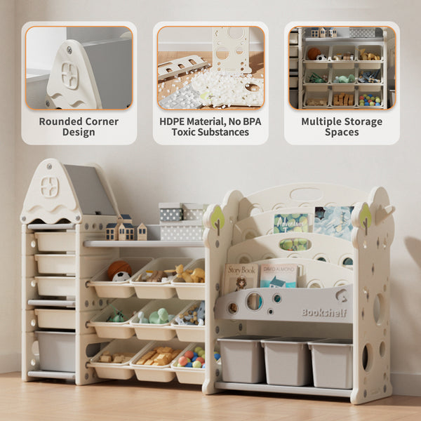 Kids Toy Storage Organizer with 17 Removable Bins, 4-Tier Bookshelf for Kids, Multi-Purpose Castle-Shaped Toy Organizer for Playroom, Bedroom, Nursery