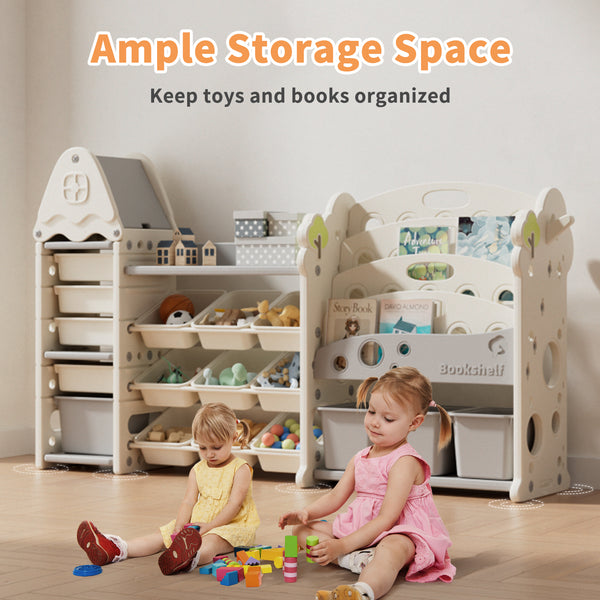 Kids Toy Storage Organizer with 17 Removable Bins, 4-Tier Bookshelf for Kids, Multi-Purpose Castle-Shaped Toy Organizer for Playroom, Bedroom, Nursery, Living Room