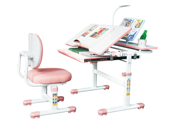 Kids Desk and Chair Set, Height-Adjustable Chair and Desk for Kids, Kid Desk with 3 Modes and 3 Brightness Led Lamps, with 60° Tilting Tabletop and Extra-Large Storage Drawer