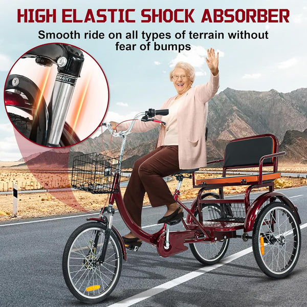 Linor Adult Tricycle with Rear Seats, 20" 3-Wheel, Front and Rear Baskets, Trike for Seniors, Red