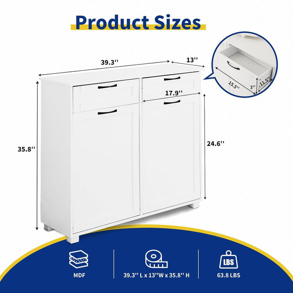 10 Gallon Double Tilt Out Trash Cabinet, ICEELF Kitchen Trash Can Cabinet, Dog Proof Tilt Out Trash Bin Holder, Free Standing Recycling Cabinet with 2 Hideaway Drawers for Kitchen Living Room