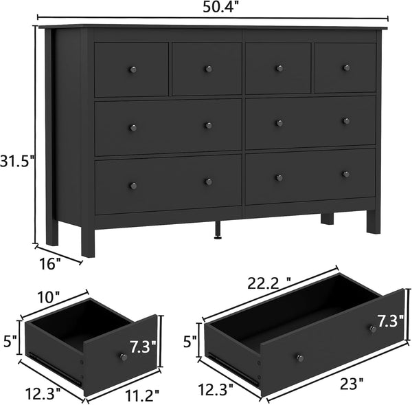 8 Drawer Dresser, 50" Modern White Dressers & Chests of Drawers, Adult 8 Drawers Wide Wood Dresser for Bedroom, Living Room