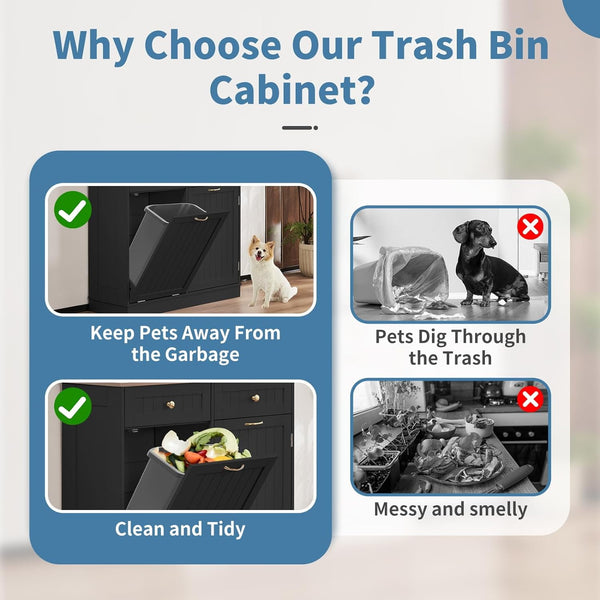 Tilt Out Trash Cabinet 10 Gallon, Kitchen Trash Can Cabinet with Adjustable Shelf & 2 Drawers, Freestanding Trash Cabinet, Recycling Cabinet for Laundry, Living Room, Bathroom