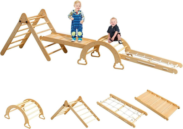 6 in 1 Pikler Triangle Set, Wooden Montessori Climbing Set with Ramp, Arch, Slide and Net, Toddler Climbing Toys Indoor for Kids Aged 1-7 Years
