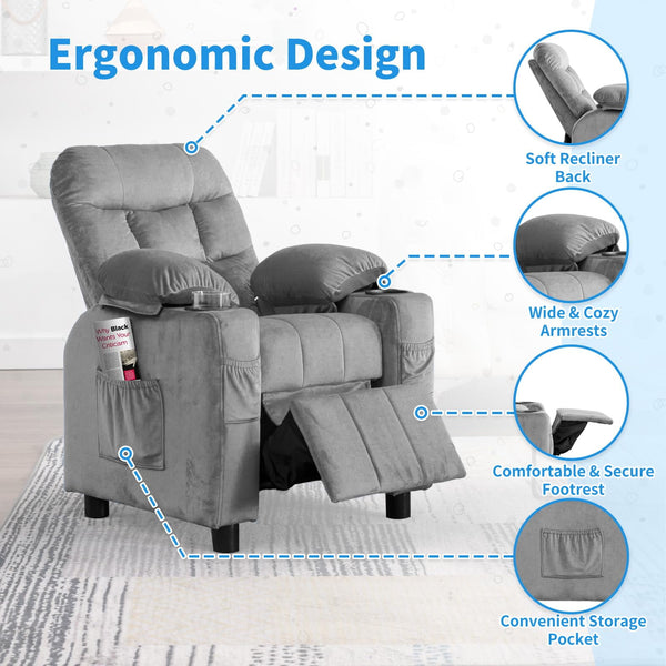 Wanan Kids Recliner Chair, Modern Velvet Lounge with Cup Holder, Footrest, Side Pockets, Gray