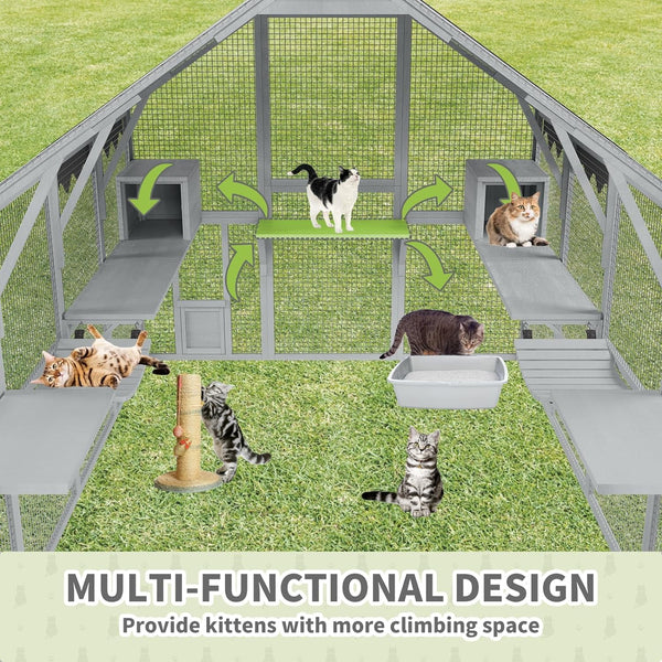 Akaber 112'' Catio Outdoor Cat Enclosure Super Large Wooden Catios for Cats Patio with Waterproof UV Protection Canopy, Outside Cat Run Enclosure Condon with Platforms, Small Houses, Bridges
