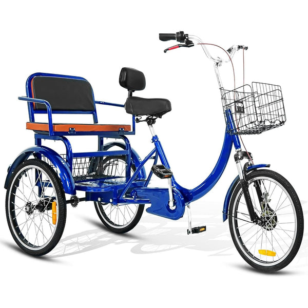 Linor Adult Tricycle with Rear Seats, 20" 3-Wheel, Front and Rear Baskets, Trike for Seniors, Blue