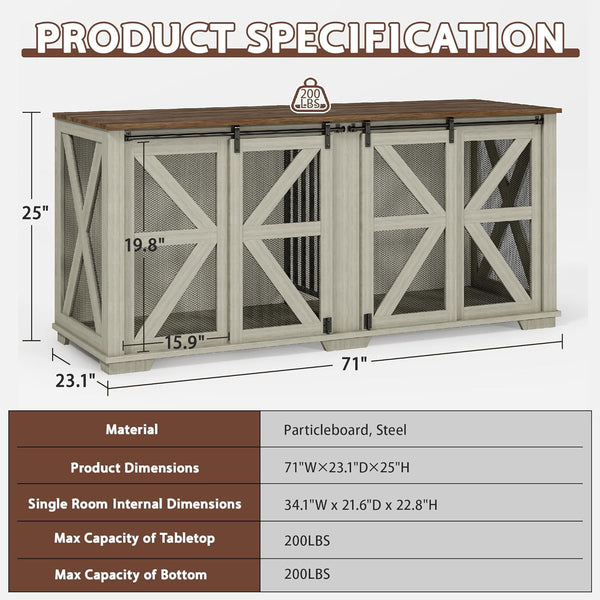 Akaber 71 Inch Double Dog Crate for 2 Dogs，Farmhouse Furniture Style Indoor Heavy Duty Steel Frame Kennel with Sliding Doors & Adjustable Divider, Light Oak