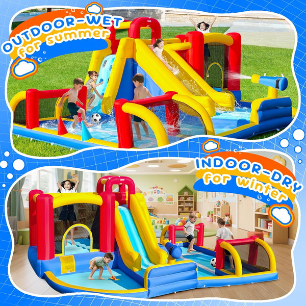 Akaber Inflatable Water Slide for Kids, Summer 8-in-1 Giant Water Park with Bounce House, Basketball Hoop, Soccer Zone, Climbing Wall, Pool & Slide, Blow Up in 2 Mins for Backyard Outdoor Fun
