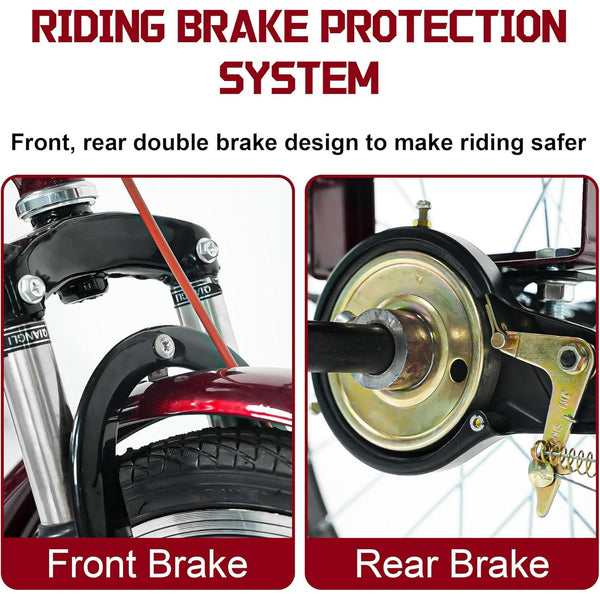 Linor Adult Tricycle with Rear Seats, 20" 3-Wheel, Front and Rear Baskets, Trike for Seniors, Red