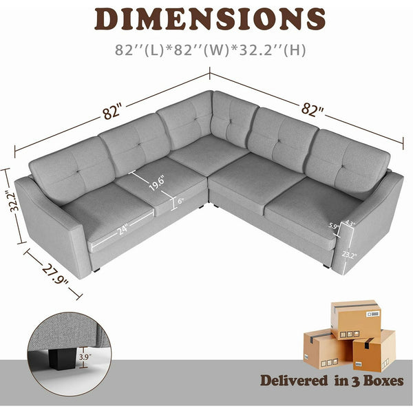 5 Seater Convertible Sectional Sofa, Linor L Shaped Sofa Couch for Living Room, Small Apartment, Reversible Sectional Couch, Light Grey