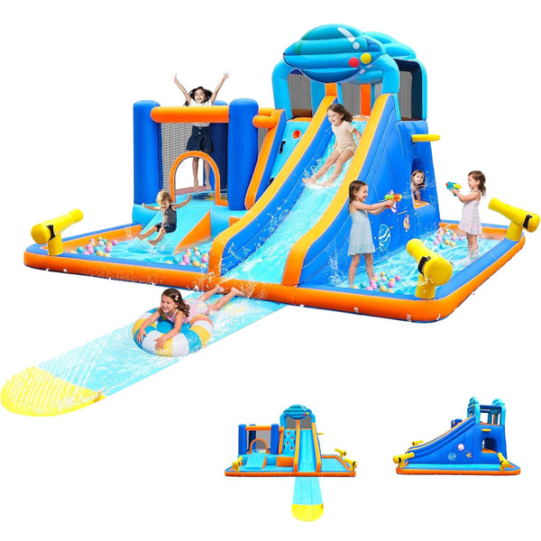 Akaber 10-in-1 Giant Inflatable Water Slide Park for Kids, 2 Min Blow Up Backyard Water Park with Large Slide, Pool, Tunnel, Bounce House, Basketball Hoop, Climbing Wall & Air Blower