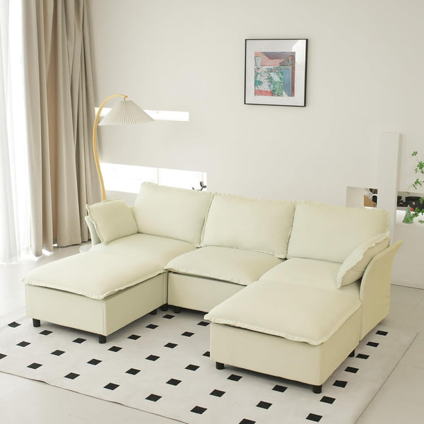 Akaber 100" U-Shaped Cloud Sectional Sofa, Modular Velvet Convertible Sofa Bed with Storage,Plush Living Room Couch (Beige)