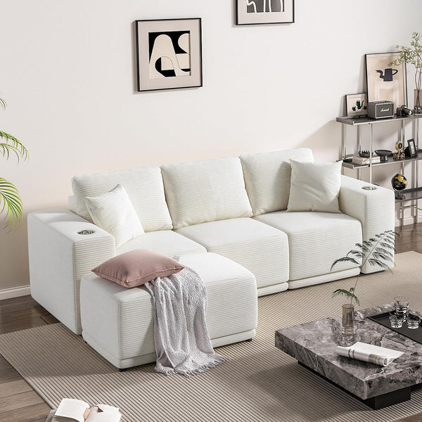 101" Modular Sectional Sofa with L-Shape Chaise, 3-Seater Comfy Cloud Couch with Movable Ottoman, Deep Seat Couches for Living Room with Throw Pillows