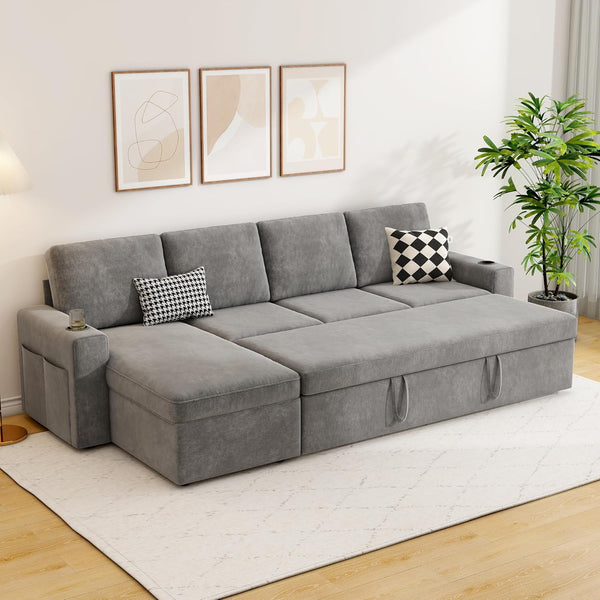 103" Sleeper Sofa, L-Shaped Sectional Sofa Bed with Storage Chaise, Reversible 2 in 1 Pull Out Couch with Cup Holders for Living Room, 4-Seater,Grey