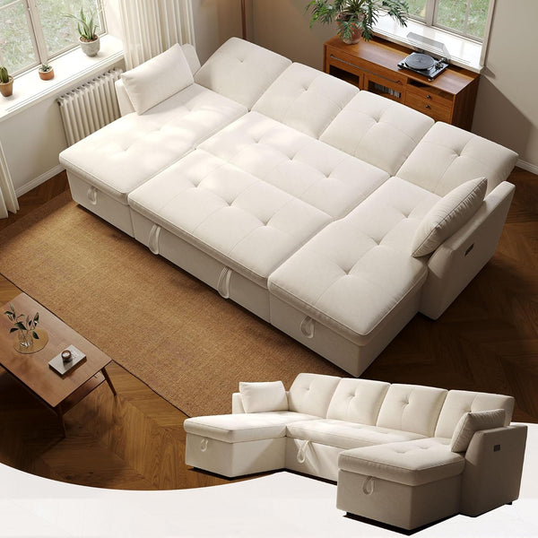 Akaber 106" Oversized Pull Out Couch Bed, Sleeper Sofa Bed for Living Room with Double Storage Chaise, USB Charging