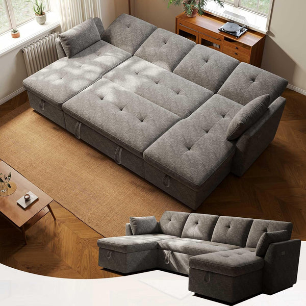 Akaber 106" Oversized Pull Out Couch Bed, Sleeper Sofa Bed for Living Room with Double Storage Chaise, USB Charging