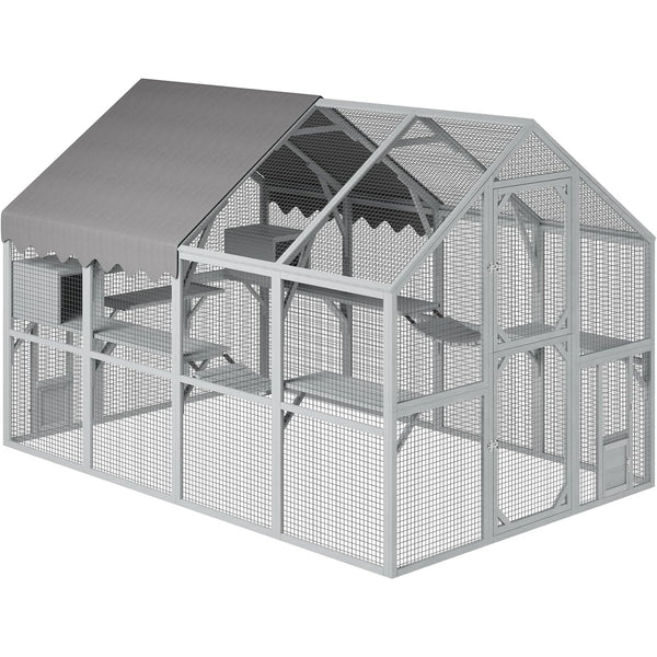 Akaber 112'' Catio Outdoor Cat Enclosure Super Large Wooden Catios for Cats Patio with Waterproof UV Protection Canopy, Outside Cat Run Enclosure Condon with Platforms, Small Houses, Bridges