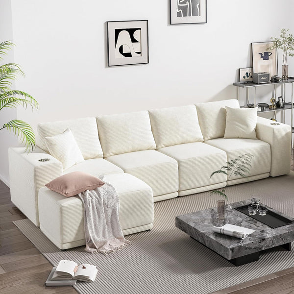 Akaber 130" Modular Sectional Sofa with L-Shape Chaise, 4-Seater Comfy Cloud Couch with Movable Ottoman, Deep Seat Couches for Living Room with Throw Pillows, White