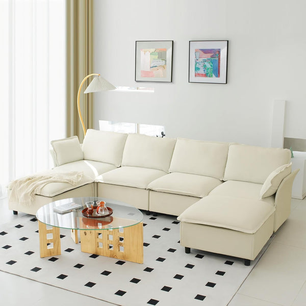 Akaber 130" U-Shaped Cloud Sectional Sofa, Modular Velvet Convertible Sofa Bed with Storage, Plush Living Room Couch(Beige)