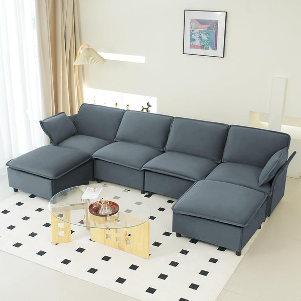 Akaber 130" U-Shaped Cloud Sectional Sofa, Modular Velvet Convertible Sofa Bed with Storage,Plush Living Room Couch (Grey)