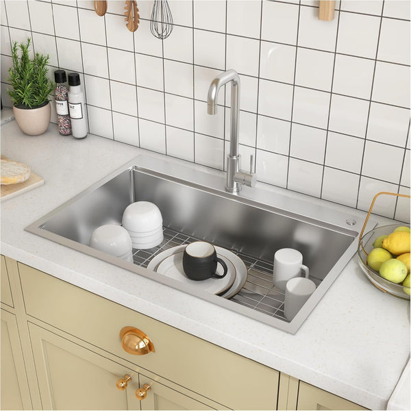 33x22 Drop In Kitchen Sink, 9" Deep Single Bowl Kitchen Sink with Cutting Board, Colander, Roll Up Rack and More, 16 Gauge Stainless Steel Top Mount Workstation Sinks