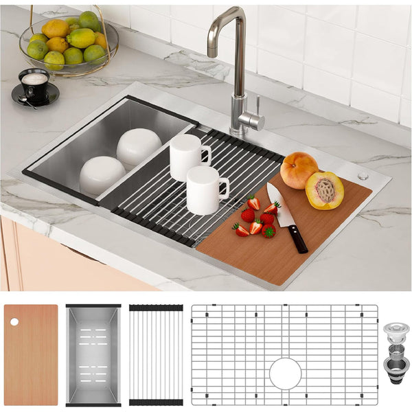 33x22 Drop In Kitchen Sink, 9" Deep Single Bowl Kitchen Sink with Cutting Board, Colander, Roll Up Rack and More, 16 Gauge Stainless Steel Top Mount Workstation Sinks