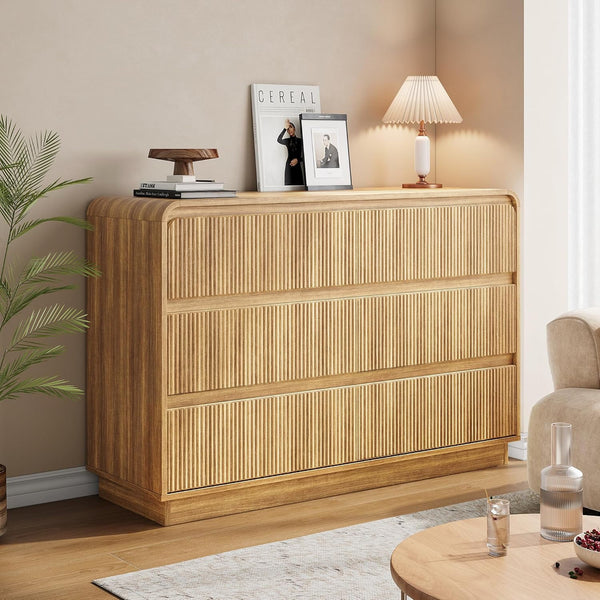 Akaber 6 Drawer Dresser for Bedroom, Fluted Tall Dresser 48" Wide Handleless Chest of Drawers with Rounded Corners, Modern Wood Dresser, Organizer Storage, Natural Oak