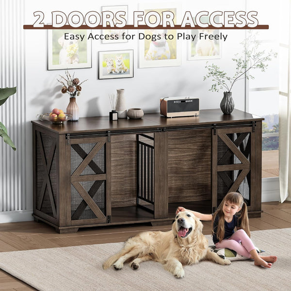 Akaber 71 Inch Double Dog Crate for 2 Dogs，Farmhouse Furniture Style Indoor Heavy Duty Steel Frame Kennel with Sliding Doors & Adjustable Divider, Dark Walnut