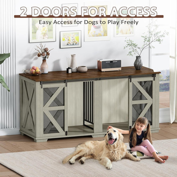 Akaber 71 Inch Double Dog Crate for 2 Dogs，Farmhouse Furniture Style Indoor Heavy Duty Steel Frame Kennel with Sliding Doors & Adjustable Divider, Light Oak