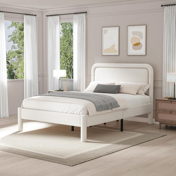 King Bed Frame, Upholstered Bed Frame with Rounded Corners, Boucle Soft Cloud Bed Frame in Modern Style, Noise-Free Structure, Easy Assembly, Cream