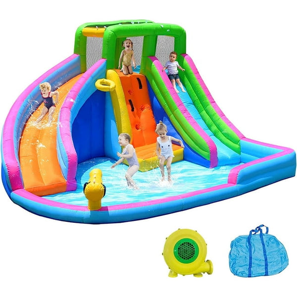 Inflatable Water Slide, 8 in 1 Water Slides Inflatables for Kids and Adults, 2 Large Water Slide with Air Blower, Splash and Deep Pool, Climbing Wall, Bounce House, Basketball Hoop
