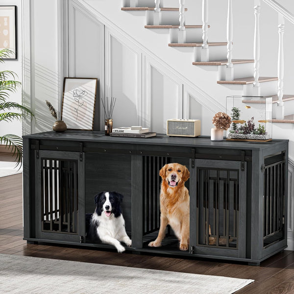 Large Dog Crate Furniture for 2 Dogs, Upgrade 71" Pro XXL Sliding Door Heavy Duty Dog Kennel Furniture with Divider, Steel Frame Indoor Double Dog Crate for Large Medium Small Dogs