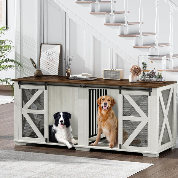 Large Dog Crate Furniture Indoor for 2 Dogs, 70'' Farmhouse Steel Frame Wooden Dog Kennel with Adjustable Division Board and Sliding Doors for Small Medium Large Dogs