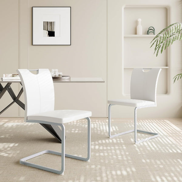 Akaber Modern Dining Chairs Set of 2, Faux Leather Upholstered Dining Room Side Chair with High Back, Metal Legs and Portable Handle, Armless Kitchen Chairs Set, White