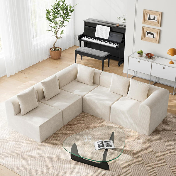 Akaber Modular Sectional Couches for Living Room with Deep Seat, 146'' 5 Seats L-Shape Cloud Sofa Couch, High Density Memory Foam, Boneless Upholstered Couches, Easy Assembly (Warm White)