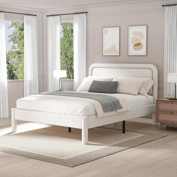 King Bed Frame, Upholstered Bed Frame with Rounded Corners, Boucle Soft Cloud Bed Frame in Modern Style, Noise-Free Structure, Easy Assembly, Cream