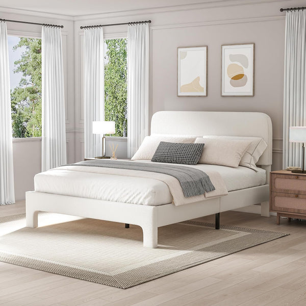 Full Bed Frame, Upholstered Bed Frame with Rounded Corners, Soft Cloud Bed Frames in Modern Style, Noise-Free Structure, Easy Assembly, Cream